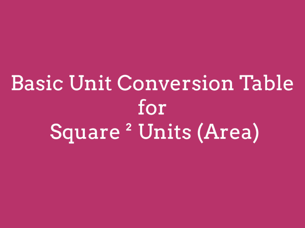Basic Unit Conversion Table for Square ² (Area) Units