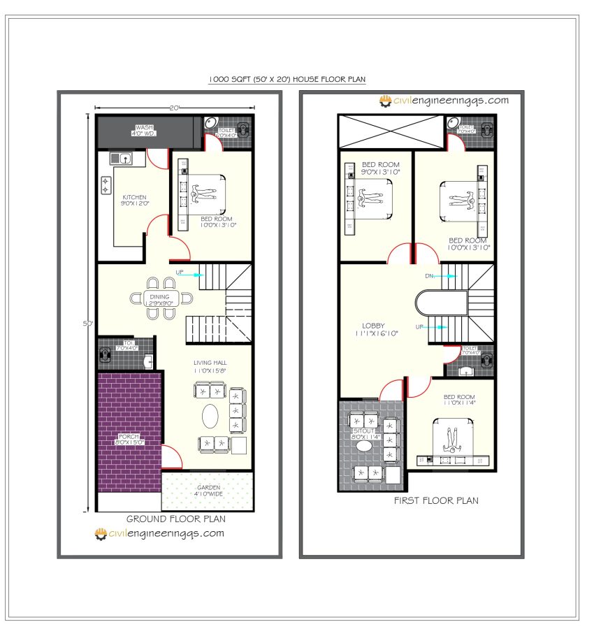 1000 sqft 20'x 50' Floor Plan for your dream Home