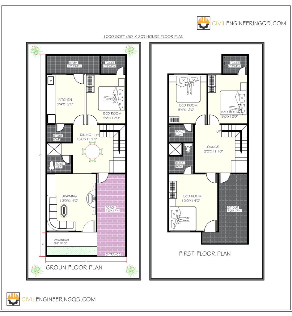 1000 sqft 20'x 50' Floor Plan for your dream Home