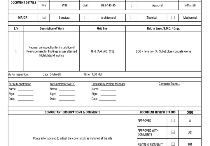 Contractor Inspection Request (WIR) Form Template