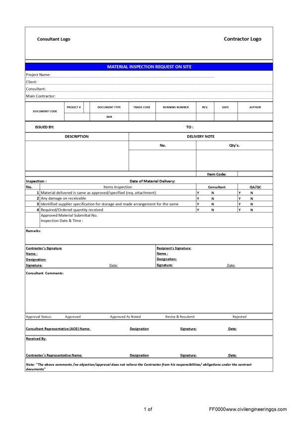 Material Inspection Request Form Template – (MIR Format) - Civil ...