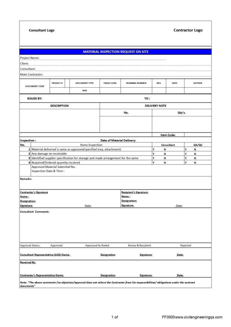 Material Inspection Request Form Template – (MIR Format) - Civil ...