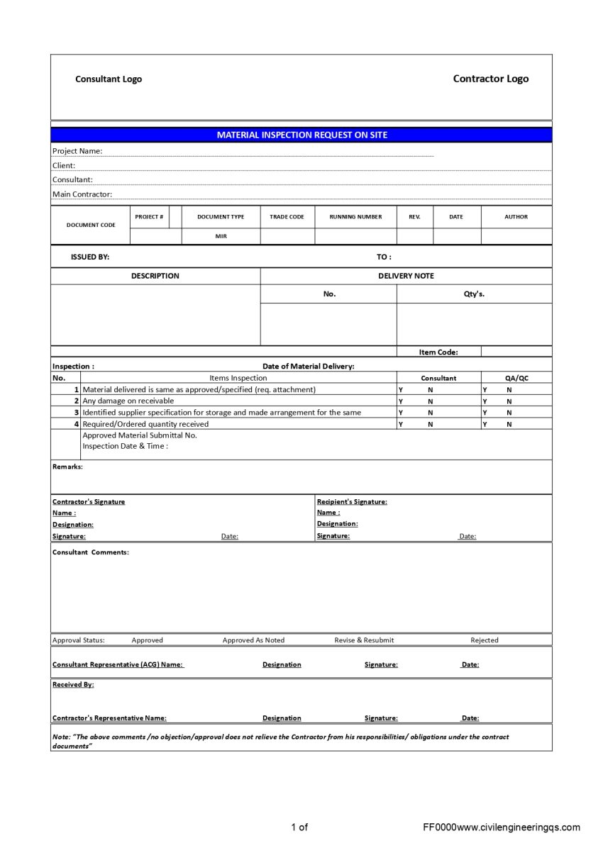 Material Inspection Request Form Template – (MIR Format) - Civil ...