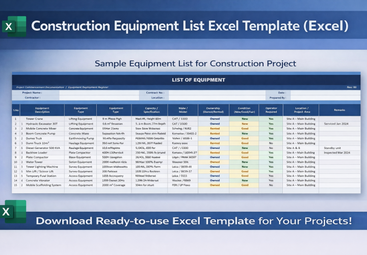 Construction Equipment List Template (Excel) – Free Download for Project Documentation