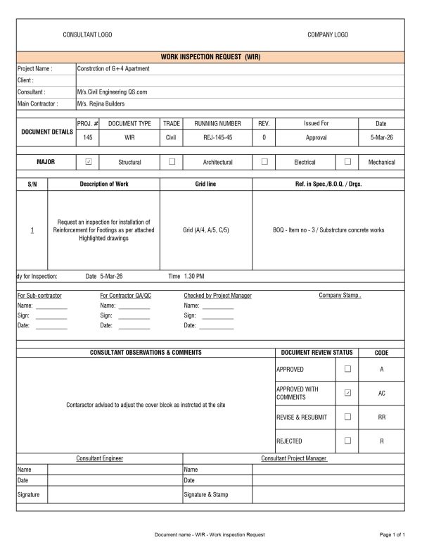 Contractor Inspection Request (WIR) Form Template - Civil Engineering QS